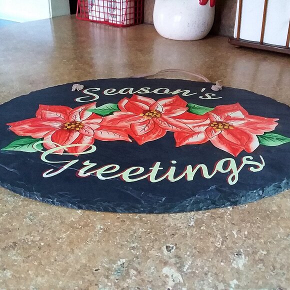 Christmas Painted Slate "Season's Greetings" Red Poinsettias 12 3/4" x 9 3/4" - Picture 8 of 10